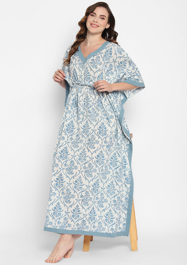 White Smoke Blue Hand Block Floral Printed V-Neck Cotton Kaftan