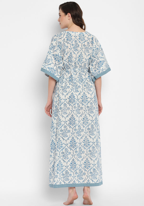 White Smoke Blue Hand Block Floral Printed V-Neck Cotton Kaftan