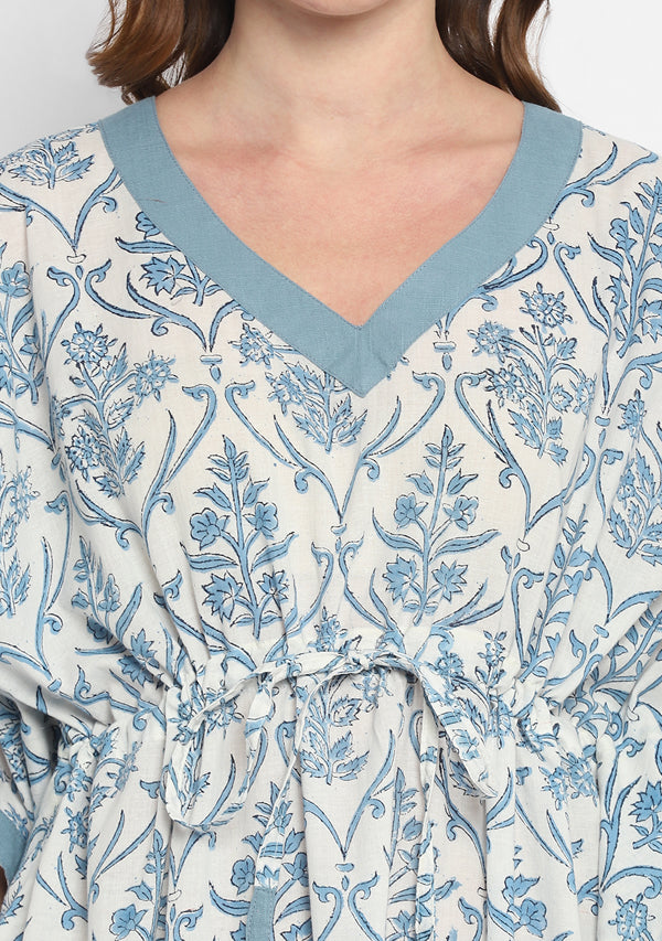 White Smoke Blue Hand Block Floral Printed V-Neck Cotton Kaftan