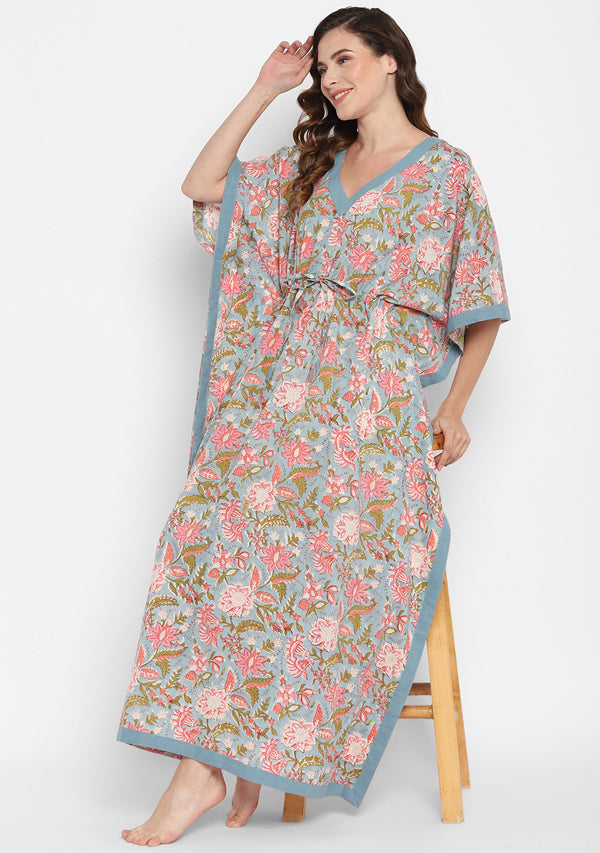 Smoke Blue Pink Hand Block Floral Printed V-Neck Cotton Kaftan