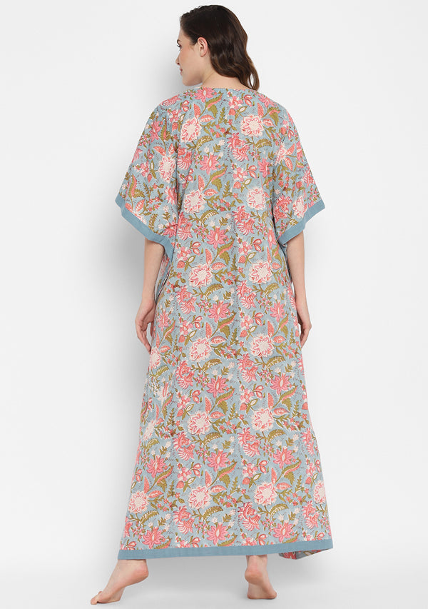 Smoke Blue Pink Hand Block Floral Printed V-Neck Cotton Kaftan