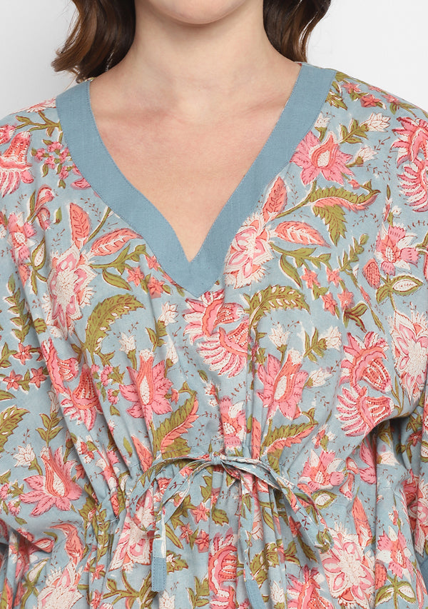Smoke Blue Pink Hand Block Floral Printed V-Neck Cotton Kaftan