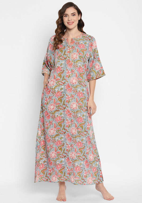 Smoke Blue Pink Hand Block Floral Printed Cotton Nighty Kaftan