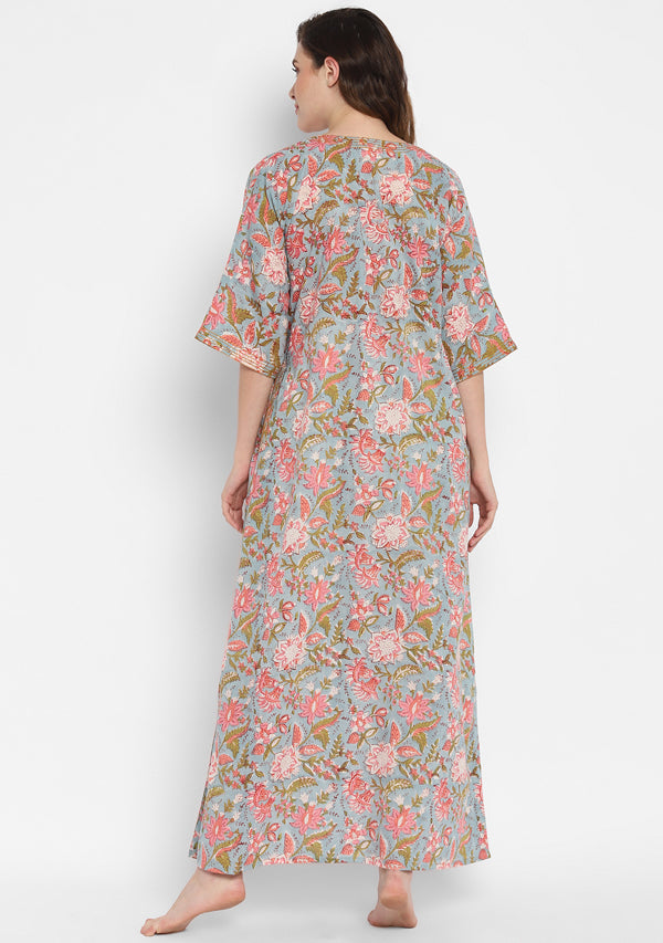 Smoke Blue Pink Hand Block Floral Printed Cotton Nighty Kaftan