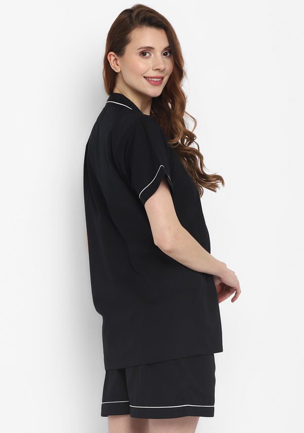 Black Collared Short Sleeve Cotton Shorts Set