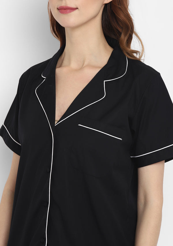 Black Collared Short Sleeve Cotton Shorts Set