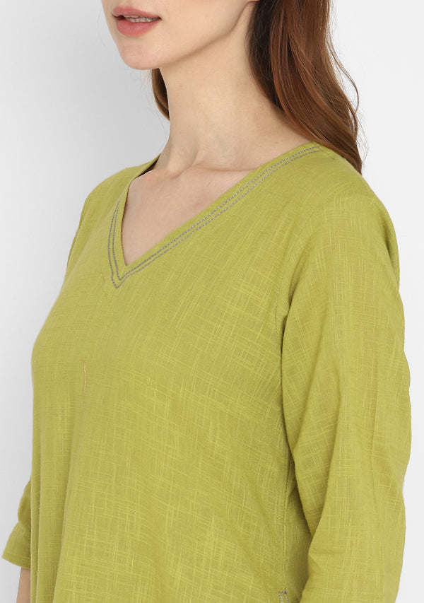 Olive Green V-Neck Cotton Dress with Pockets