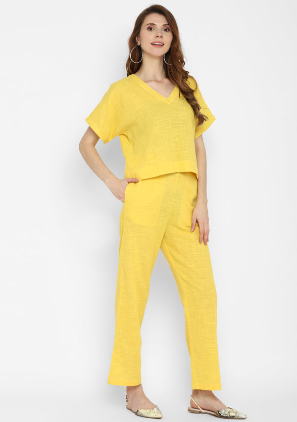 uNidraa Yellow Crop Top paired with matching Cotton Pants
