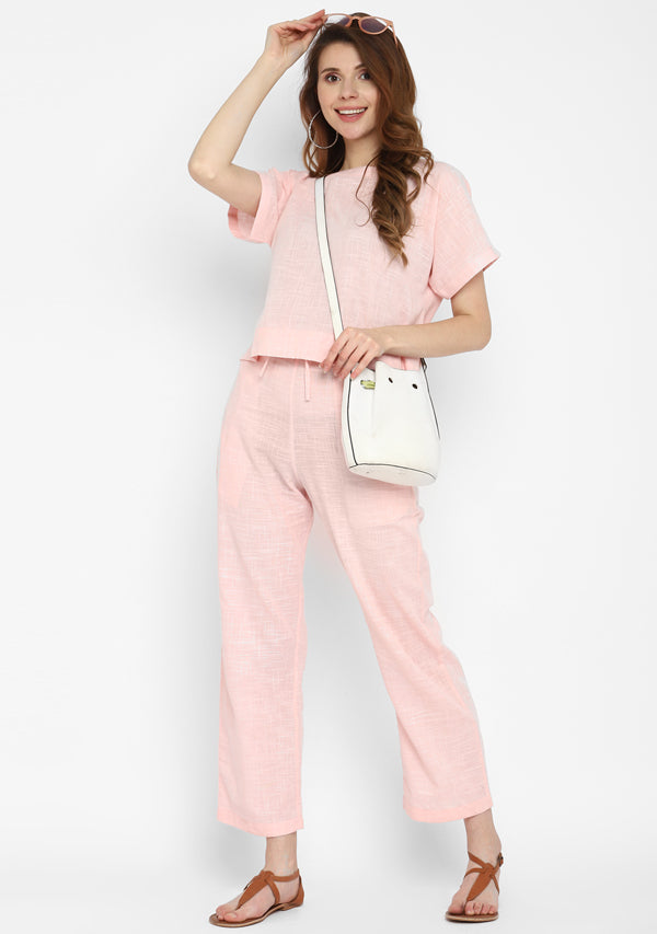uNidraa Baby Pink Crop Top paired with matching Cotton Pants