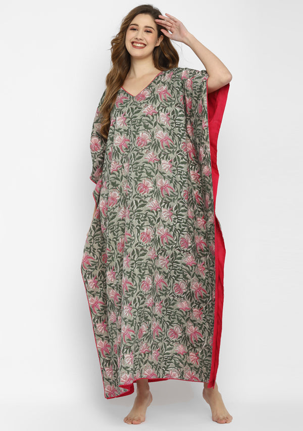 Grey Fuchsia Floral Hand Block Printed V-Neck Cotton Kaftan with Side Trimmings