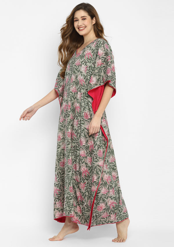 Grey Fuchsia Floral Hand Block Printed V-Neck Cotton Kaftan with Side Trimmings