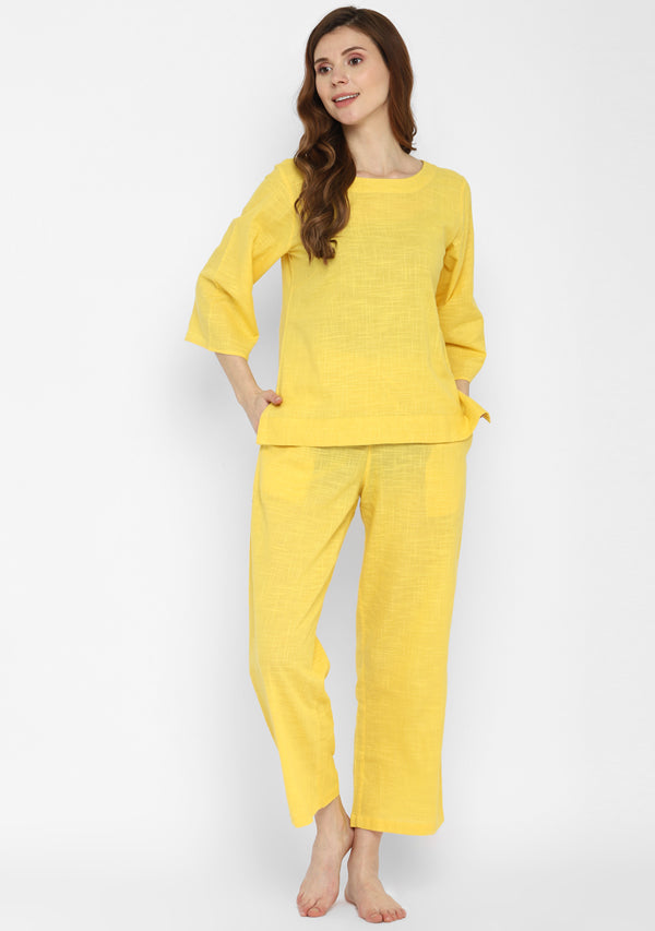 Yellow Cotton Yoga Wear With Sleeves