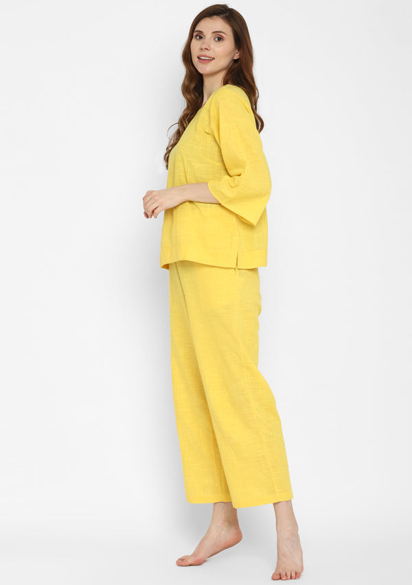 Yellow Cotton Yoga Wear With Sleeves