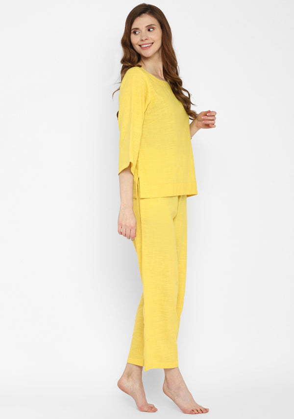 Yellow Cotton Yoga Wear With Sleeves