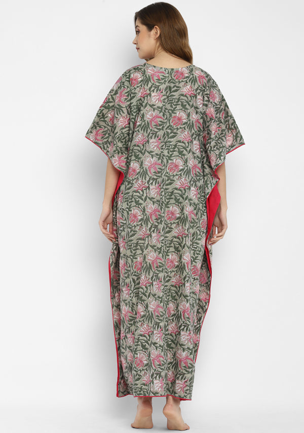 Grey Fuchsia Floral Hand Block Printed V-Neck Cotton Kaftan with Side Trimmings
