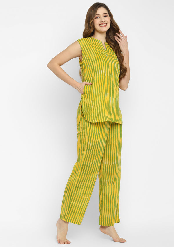Yellow Green Hand Block Striped Printed Sleeveless Cotton Night Suit