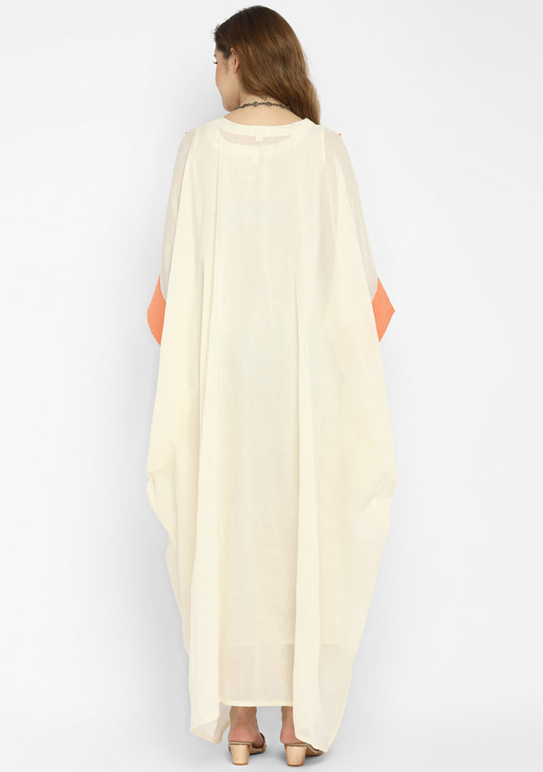 Off White And Peach Mulmul Kaftan With Cuff Sleeves And Contrast Trimmings with Slip