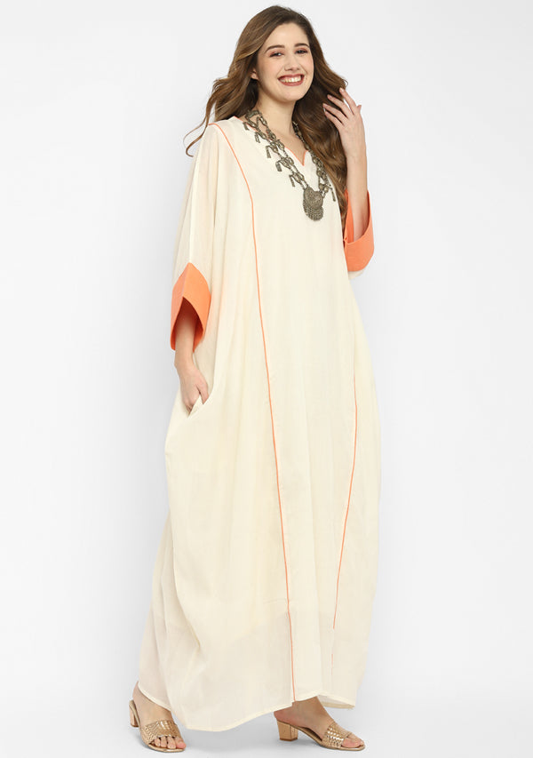 Off White And Peach Mulmul Kaftan With Cuff Sleeves And Contrast Trimmings with Slip