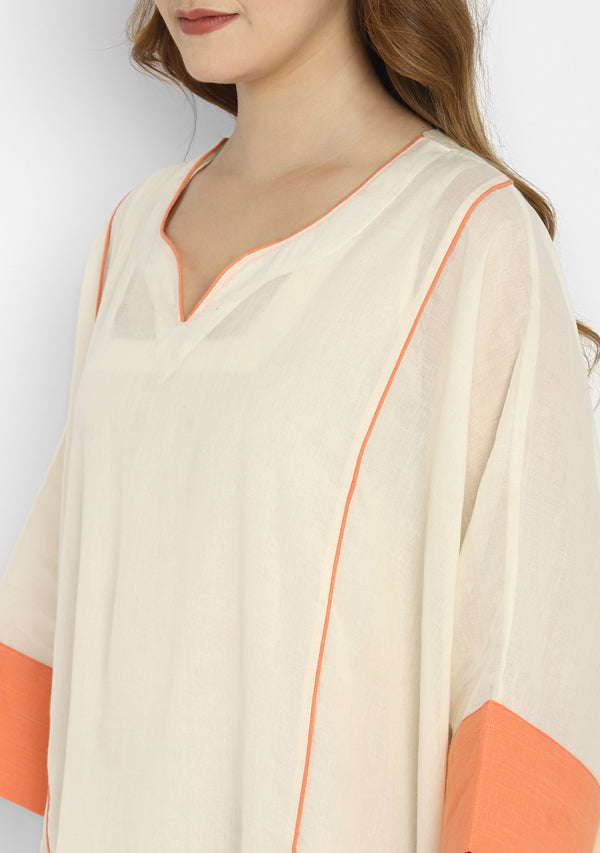 Off White And Peach Mulmul Kaftan With Cuff Sleeves And Contrast Trimmings with Slip
