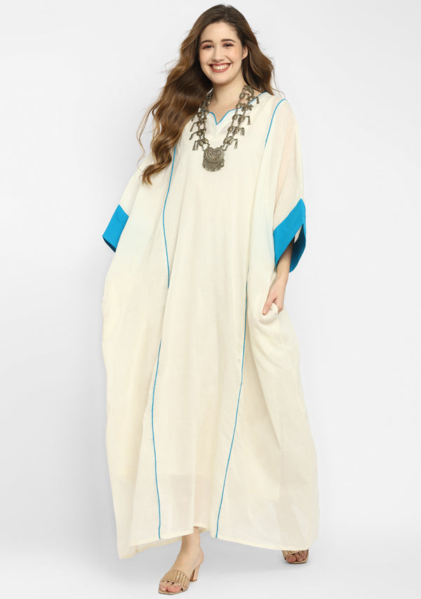 Off White And Turquoise Mulmul Kaftan With Cuff Sleeves And Contrast Trimmings with Slip