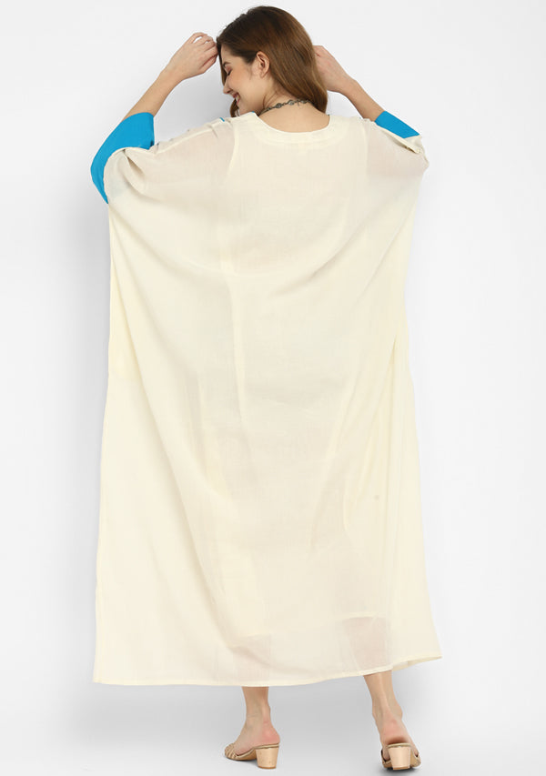 Off White And Turquoise Mulmul Kaftan With Cuff Sleeves And Contrast Trimmings with Slip