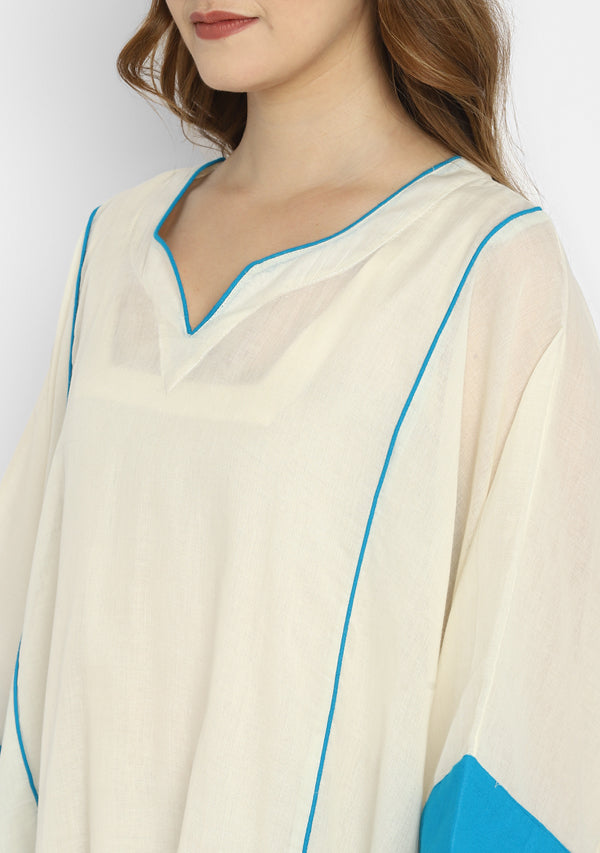 Off White And Turquoise Mulmul Kaftan With Cuff Sleeves And Contrast Trimmings with Slip