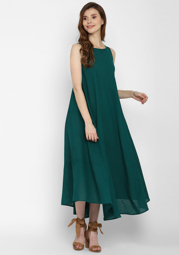 Emerald Green Sleeveless A-Line Long Cotton Dress