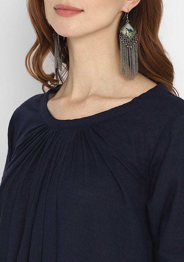 Navy Blue Calf Length Cotton Dress With Gathered Neckline