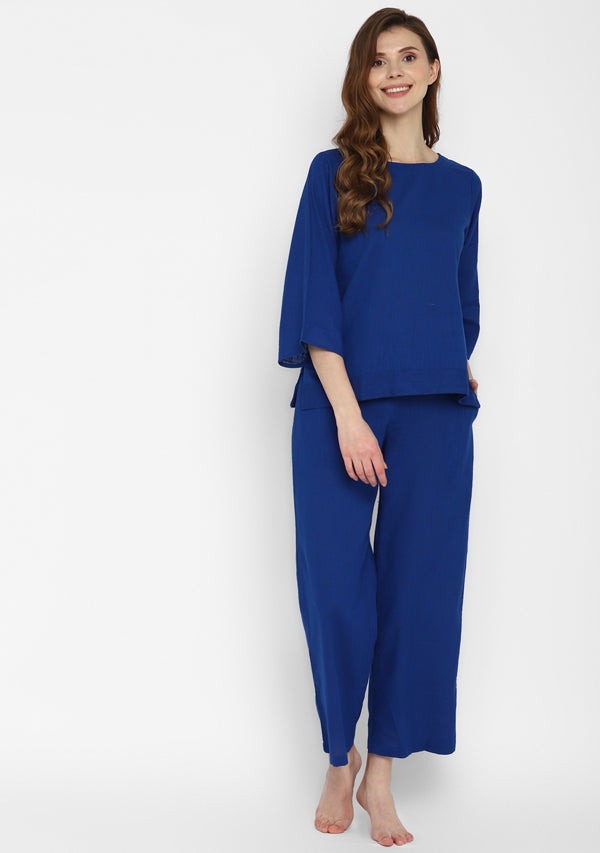 Royal Blue Cotton Yoga Wear With Sleeves