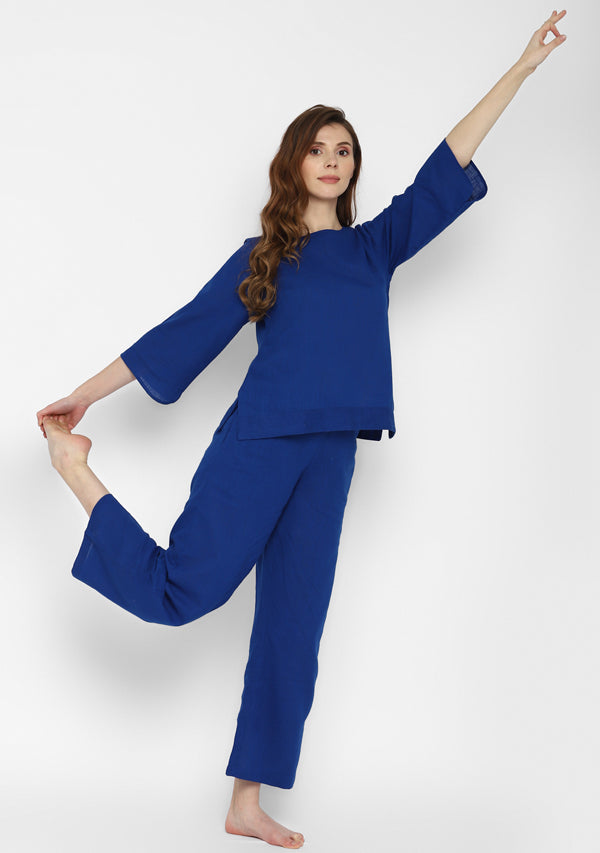 Royal Blue Cotton Yoga Wear With Sleeves