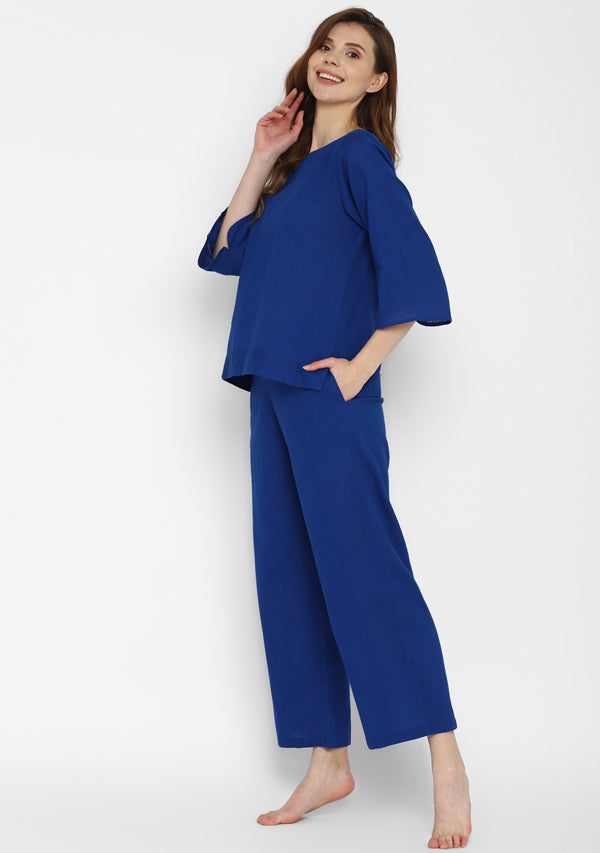 Royal Blue Cotton Yoga Wear With Sleeves