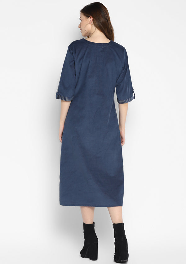 Corduroy Blue Calf Length Dress With Stitch lines on V-Neck and Pockets