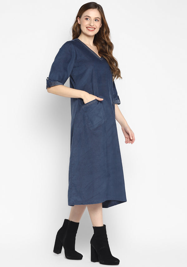 Corduroy Blue Calf Length Dress With Stitch lines on V-Neck and Pockets