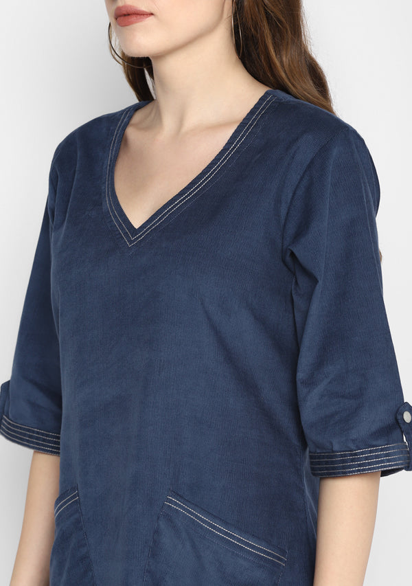 Corduroy Blue Calf Length Dress With Stitch lines on V-Neck and Pockets