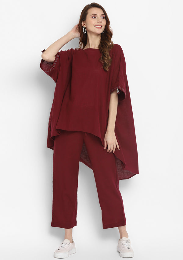 Wine Red Asymmetric Cotton Co-ord Set