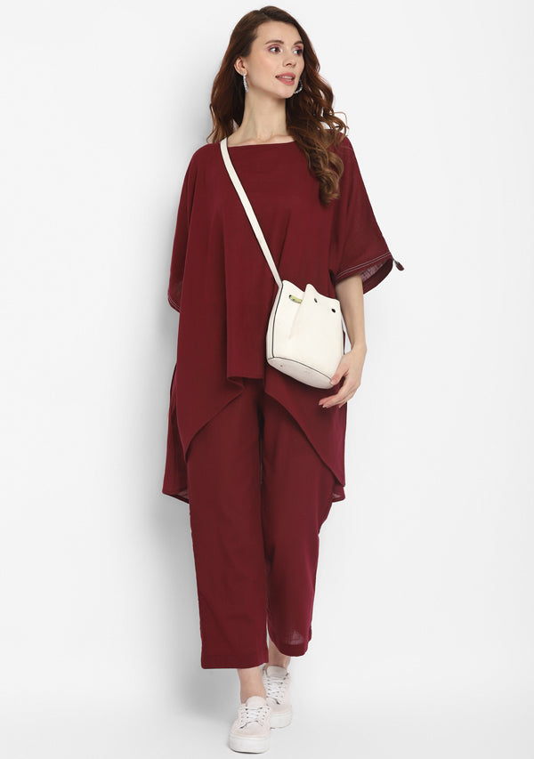 Wine Red Asymmetric Cotton Co-ord Set