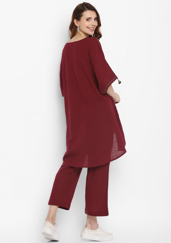 Wine Red Asymmetric Cotton Co-ord Set