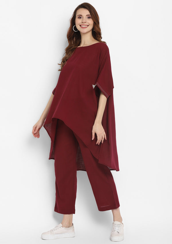 Wine Asymmetric Cotton Tunic ( Only Top )