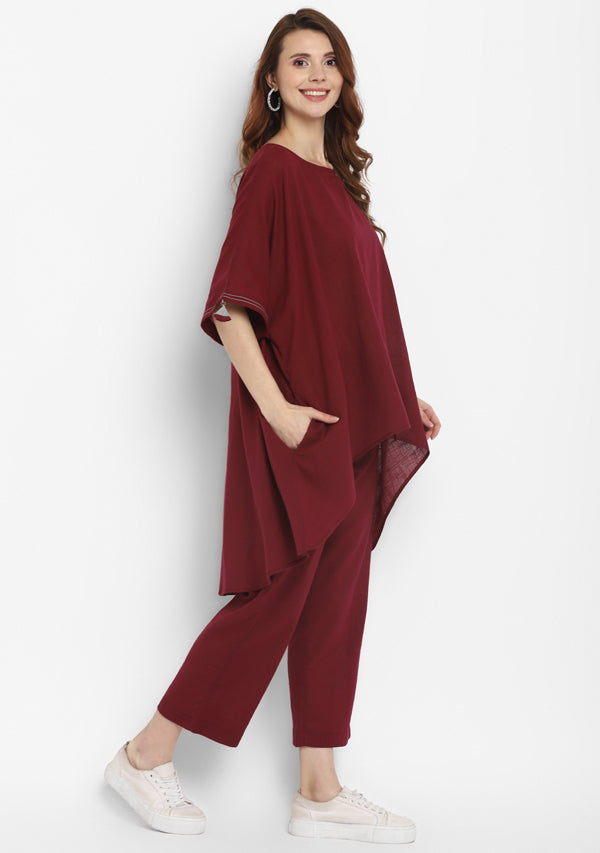 Wine Red Asymmetric Cotton Co-ord Set