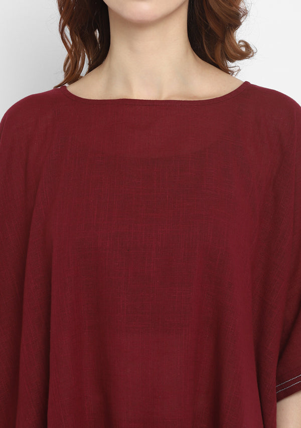 Wine Asymmetric Cotton Tunic ( Only Top )