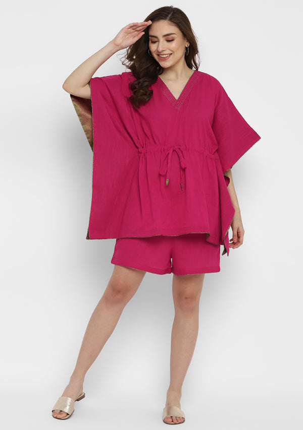 Fuchsia Short Kaftan with Bronze Trims and Elasticated Shorts