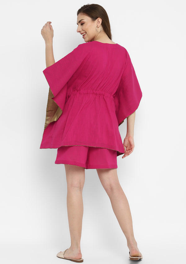 Fuchsia Short Kaftan with Bronze Trims and Elasticated Shorts