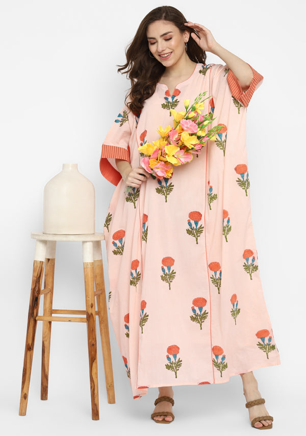 Peach Green Hand Block Flower Motif Printed Cotton Kaftan With Cuff Sleeves and Slip