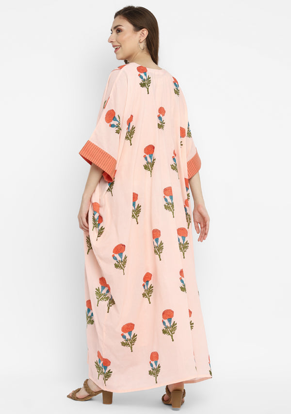 Peach Green Hand Block Flower Motif Printed Cotton Kaftan With Cuff Sleeves and Slip
