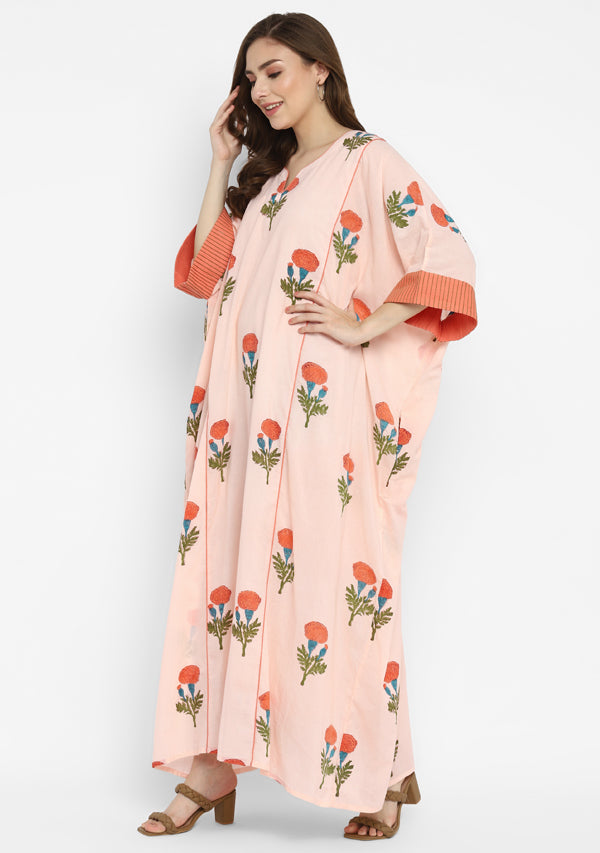 Peach Green Hand Block Flower Motif Printed Cotton Kaftan With Cuff Sleeves and Slip