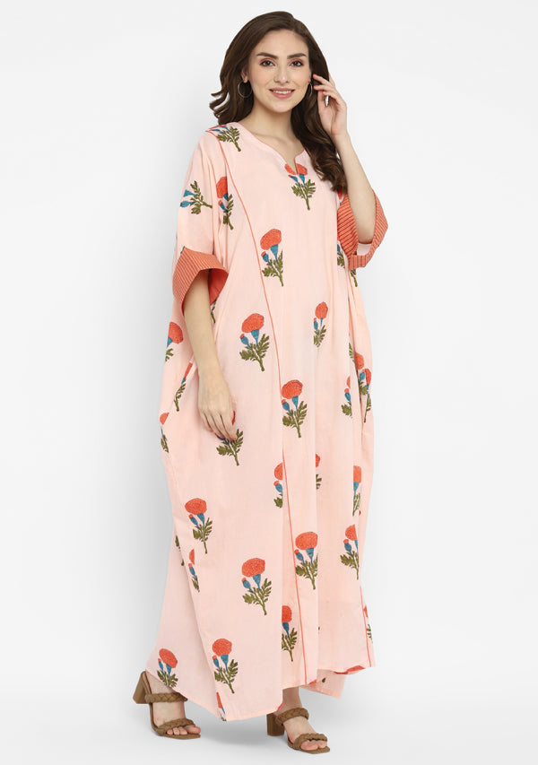 Peach Green Hand Block Flower Motif Printed Cotton Kaftan With Cuff Sleeves and Slip