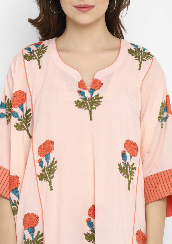 Peach Green Hand Block Flower Motif Printed Cotton Kaftan With Cuff Sleeves and Slip