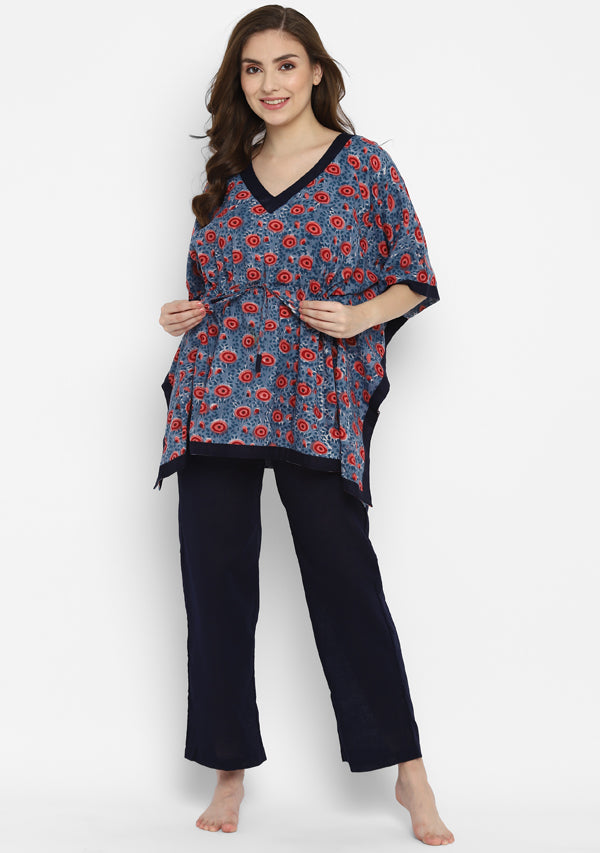 Blue Red Hand Block Flower Motif Printed Short Kaftan with Pyjamas