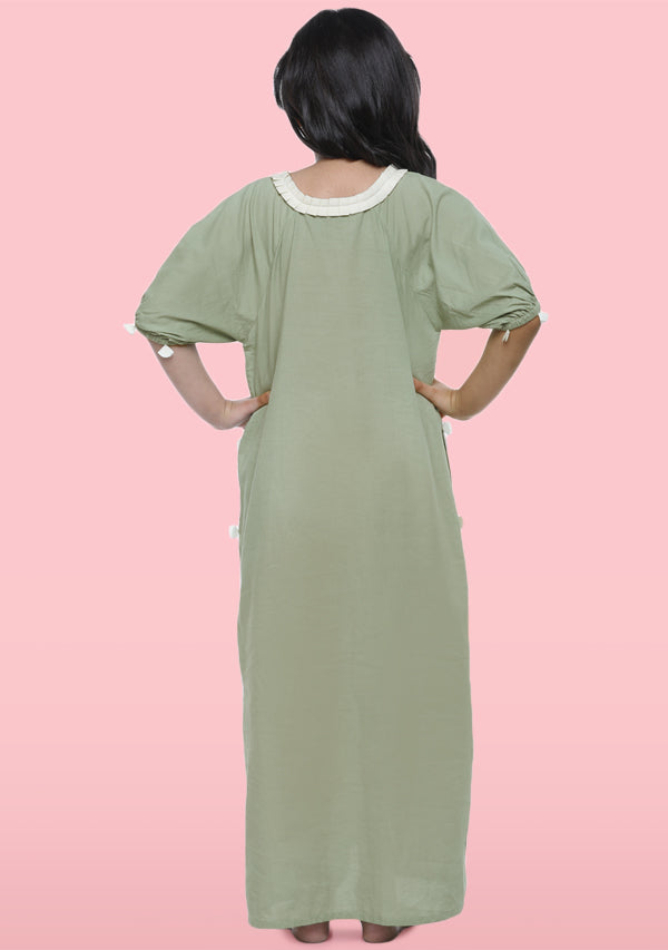 Green Cotton Nighty Dress With Trimmings And Sling Bag For Kids - unidra.myshopify.com