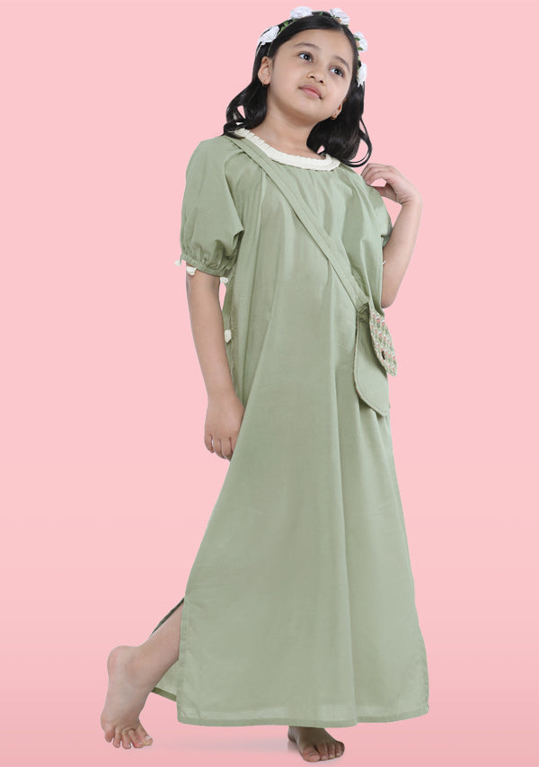 Green Cotton Nighty Dress With Trimmings And Sling Bag For Kids - unidra.myshopify.com